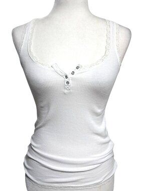 Aeropostale Henley Tank Top Lace Trim with Rhinestones Womens Size S White Waffl